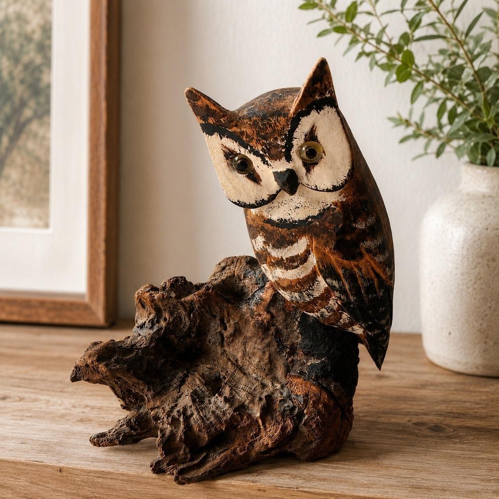 Signed Folk Art Wood Carved Owl - Burl Base Glass Eyes - Hand Painted Figurine